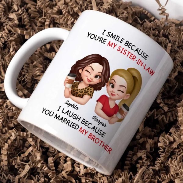 Sister-in-Law Mug with Cute Cartoon Art, playful coffee joke, cozy morning sips, a unique gift for your sister-in-law