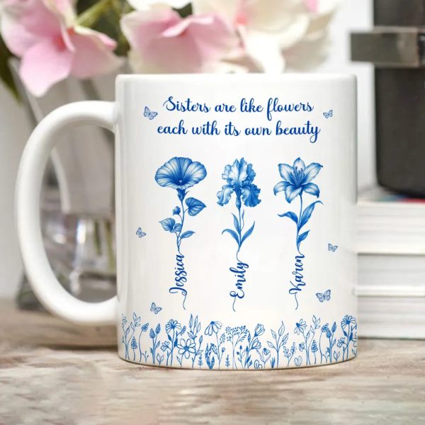 Sisterhood Mug with Names and Flowers Personalized Floral Gift for Sister or Best Friend