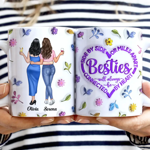 Sisters Will Always Be Connected By Heart - 3D Inflated Effect Printed Mug, Personalized White Edge-to-Edge Mug