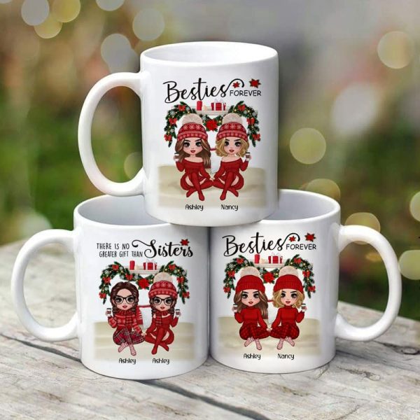 Sitting On Bed Christmas Doll Best Friends Sisters Personalized Mug
