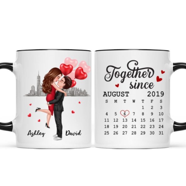 Skyline Doll Couple Hugging Kissing Calendar Anniversary Date Personalized Mug