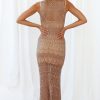 Sleeveless Crochet Openwork Knit Maxi Beach Vacation Dress - Dark Khaki