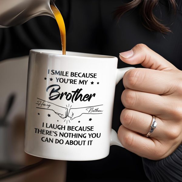 Smile And Laugh Brother Quote With Linked Hands Design - Personalized Custom Coffee Mug - FAM288_MG