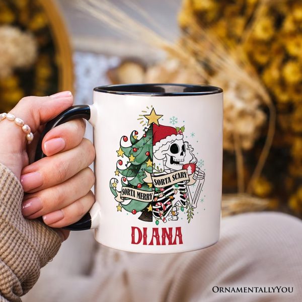 Sorta Merry Christmas Skeleton Personalized Mug, Sarcastic Holiday Gift with Custom Name
