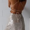 Sparkly Crisscross Backless Cowl Neck Sequin Mini Dress - Champagne