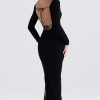 Sparkly Crystal Embellished Tie Neck Long Sleeve Formal Maxi Dress - Black