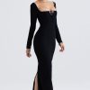 Sparkly Crystal Embellished Tie Neck Long Sleeve Formal Maxi Dress - Black