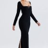 Sparkly Crystal Embellished Tie Neck Long Sleeve Formal Maxi Dress - Black