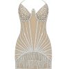Sparkly Gatsby Rhinestone Fringe Trim Halter Mini Dress - Silver