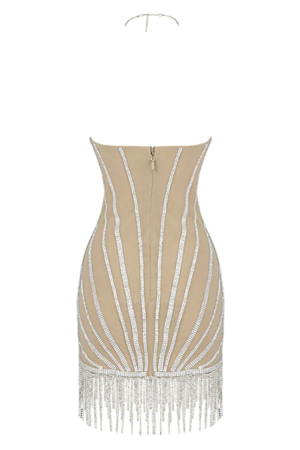 Sparkly Gatsby Rhinestone Fringe Trim Halter Mini Dress - Silver