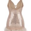 Sparkly Halter Neck Spaghetti Strap Feather Trim Sequin Party Mini Dress - Pink