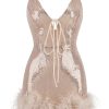 Sparkly Halter Neck Spaghetti Strap Feather Trim Sequin Party Mini Dress - Pink