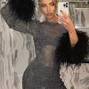 Sparkly Rhinestone Fishnet Feather Sleeve Long Sleeve Sheer Mini Dress - Black