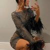 Sparkly Rhinestone Fishnet Feather Sleeve Long Sleeve Sheer Mini Dress - Black