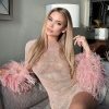 Sparkly Rhinestone Fishnet Feather Sleeve Long Sleeve Sheer Mini Dress - Pink