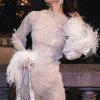 Sparkly Rhinestone Fishnet Feather Sleeve Long Sleeve Sheer Mini Dress - White