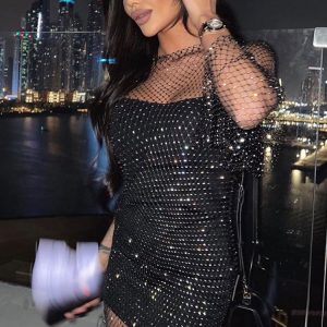 Sparkly Rhinestone Long Sleeve Fishnet Sheer Club Mini Dress - Black