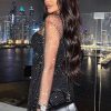 Sparkly Rhinestone Long Sleeve Fishnet Sheer Club Mini Dress - Black