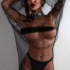 Sparkly Rhinestone Long Sleeve Fishnet Sheer Club Mini Dress - Black
