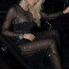 Sparkly Rhinestone Round Neck Long Sleeve Split Sheer Mesh Maxi Dress - Black