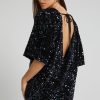 Sparkly Sequin Crew Neck Short Sleeve Oversized Velvet Party Mini Dress - Black
