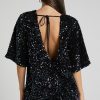 Sparkly Sequin Crew Neck Short Sleeve Oversized Velvet Party Mini Dress - Black