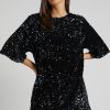 Sparkly Sequin Crew Neck Short Sleeve Oversized Velvet Party Mini Dress - Black