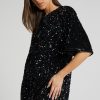 Sparkly Sequin Crew Neck Short Sleeve Oversized Velvet Party Mini Dress - Black