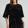 Sparkly Sequin Crew Neck Short Sleeve Oversized Velvet Party Mini Dress - Black