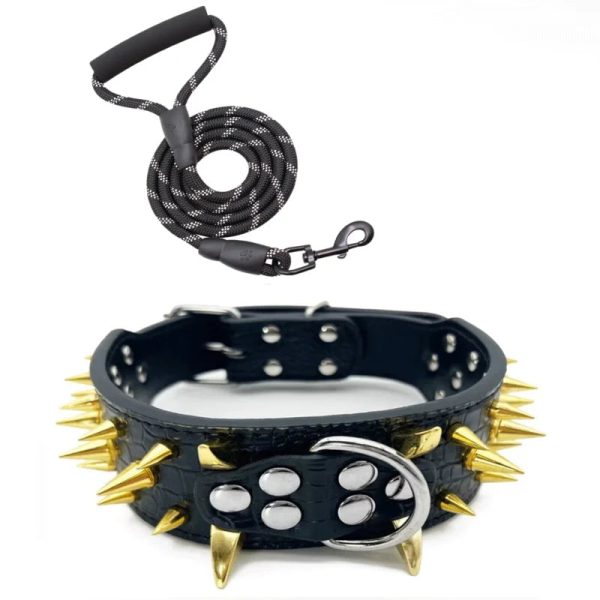 Spiked Studded Dog Collar with Traction Rope Adjustable Fit