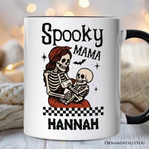 Spooky Mama Skeleton Halloween Personalized Mug, Momster Retro Checkered Gift with Custom Name