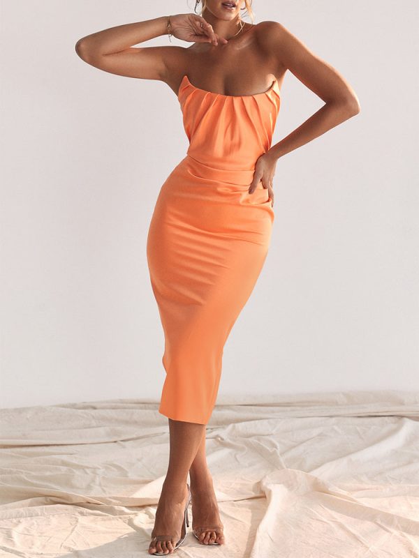 Strapless Corset Ruched Peaked Neck Midi Dress