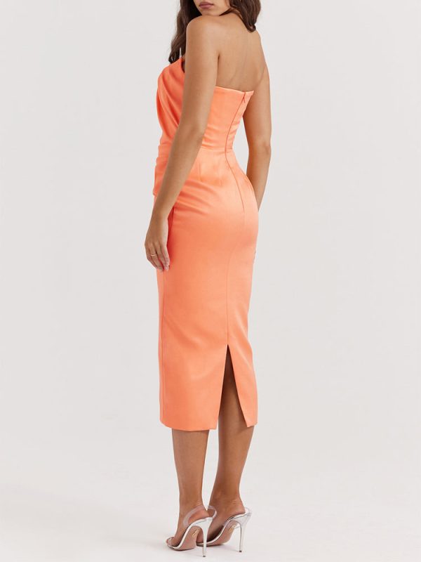 Strapless Corset Ruched Peaked Neck Midi Dress