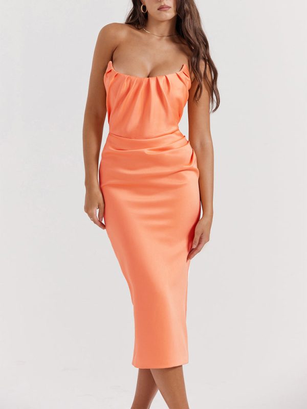 Strapless Corset Ruched Peaked Neck Midi Dress