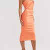 Strapless Corset Ruched Peaked Neck Midi Dress
