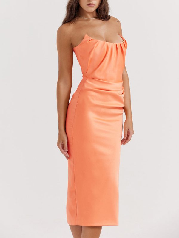 Strapless Corset Ruched Peaked Neck Midi Dress
