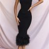 Strapless Feather Trim Midi Prom Black Dress