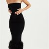 Strapless Feather Trim Midi Prom Black Dress