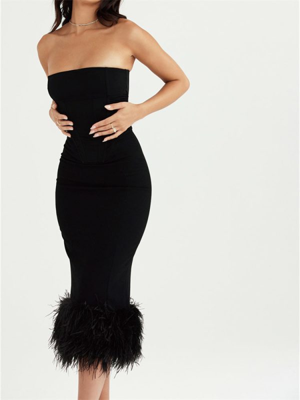 Strapless Feather Trim Midi Prom Black Dress