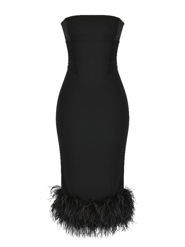 Strapless Feather Trim Midi Prom Black Dress