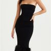 Strapless Feather Trim Midi Prom Black Dress
