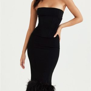 Strapless Feather Trim Midi Prom Black Dress