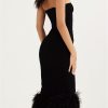 Strapless Feather Trim Midi Prom Black Dress