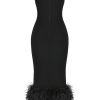 Strapless Feather Trim Midi Prom Black Dress