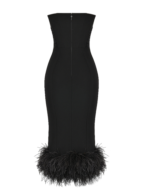 Strapless Feather Trim Midi Prom Black Dress