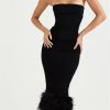 Strapless Feather Trim Midi Prom Black Dress