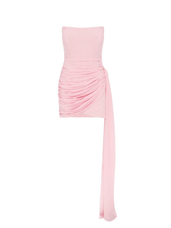 Strapless Scooped Neck Ruched Drape Mini Dress