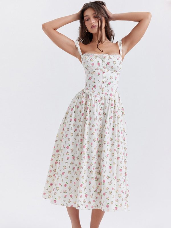 Strappy Corset Flowy Midi Dress With Pocket