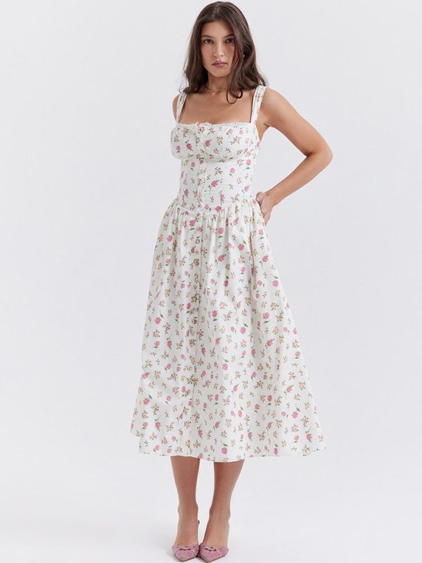 Strappy Corset Flowy Midi Dress With Pocket