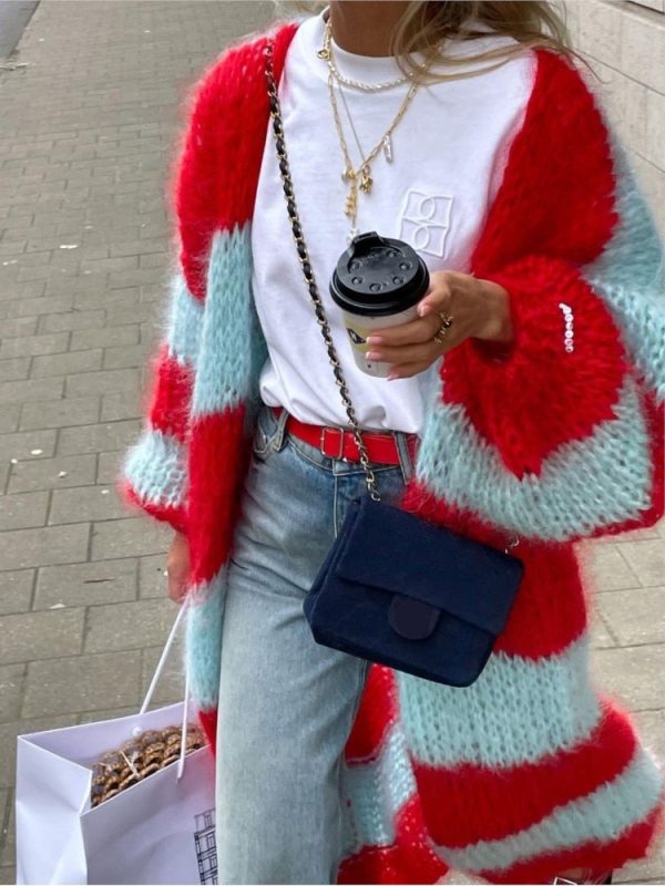 Stripe Long Fuzzy Cardigan
